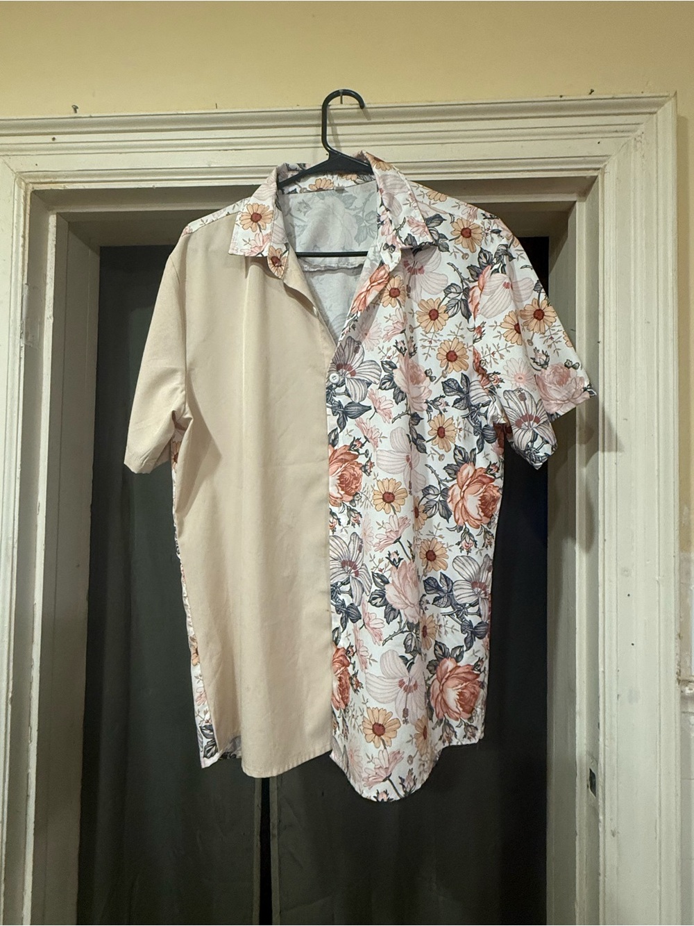Men's Half-Solid Half-Floral Short Sleeve Shirt - Beige & Floral